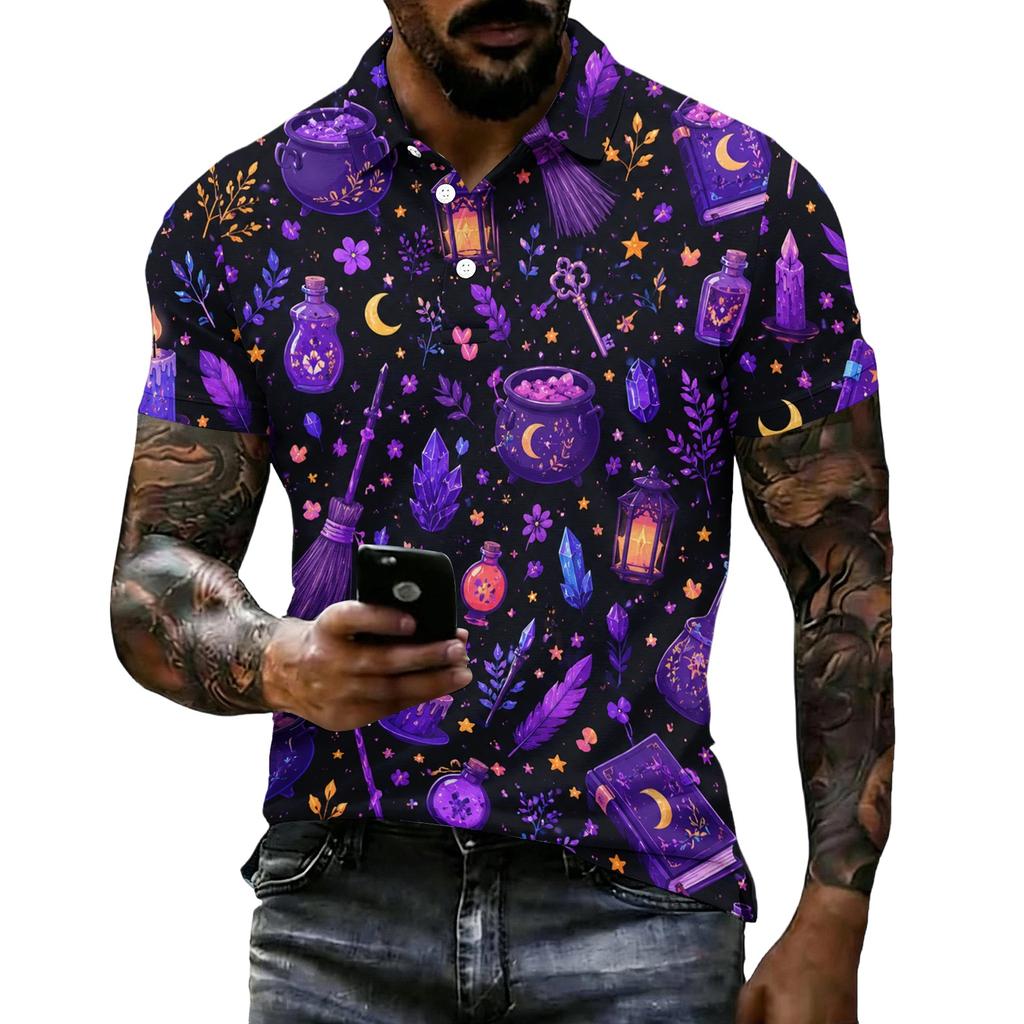 Unisex Loose Fit Casual Short Sleeve Polo Shirt with Halloween Themed Print for Everyday and Seasonal Wear