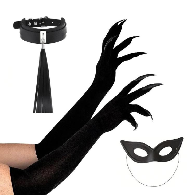 Black Cats Costumes for Women Cats Ears Headband Tail Paws Gloves Collar Mask Halloween Costume Accessories Adult Kids