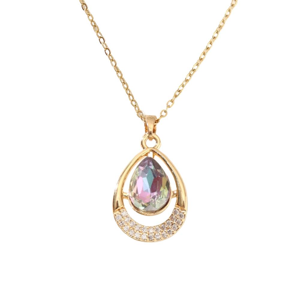 Teardrop Shape Colored Rhinestones Pendant Necklace for Women Golden Stainless Steel Chain Wedding Party Jewelry Accessories