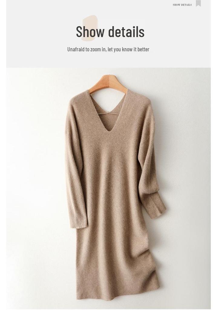 Women's V-Neck Pure Wool Knit Dress, Loose Fit, Mid-Length, Over-the-Knee - Autumn/Winter Collection
