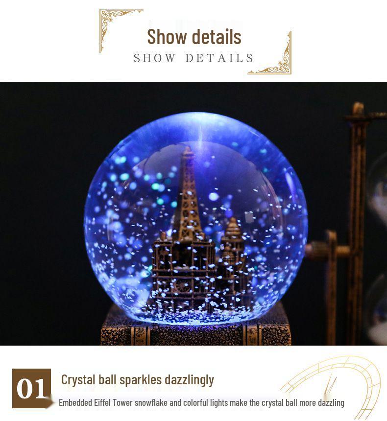 Retro Iron Tower Music Box with Luminous Crystal Ball Hourglass - Perfect for Desktop Ornament or Small Gift for Graduation, Qixi, or Valentine's Day.