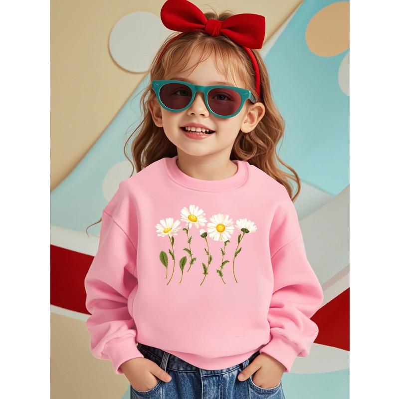 European Size Fresh Floral Comfortable Cute Kids' Crew Neck Sweatshirt with White Daisy Print - Casual Loose Pullover for Spring and Autumn
