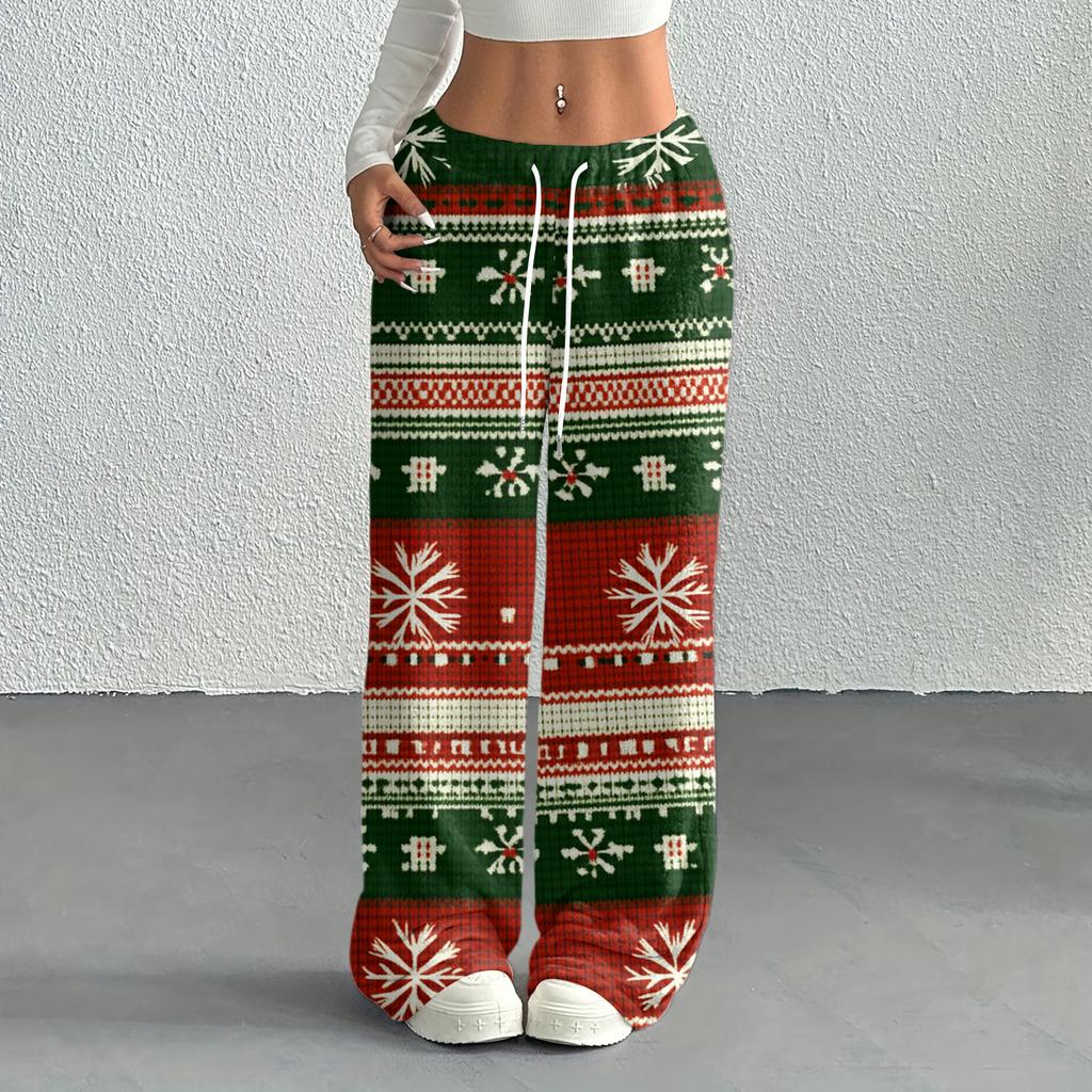 Women's Casual Fashion Printed Elastic Waist Loose Straight Leg Pants With Rope