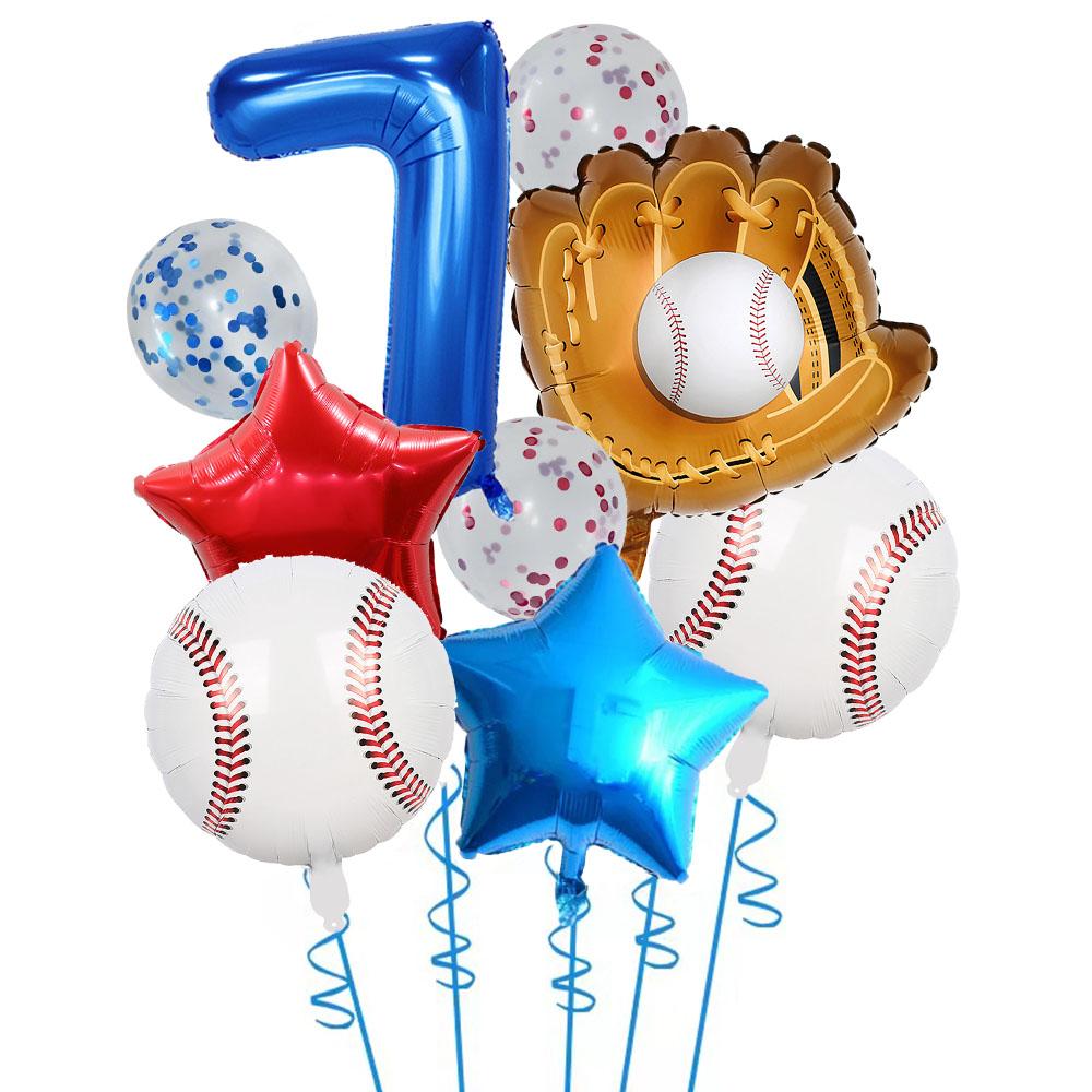 9pcs Baseball Themed Aluminum Foil Balloon Set 32inch Digital Pentagram Glitter Ball Children's Birthday Party Decoration