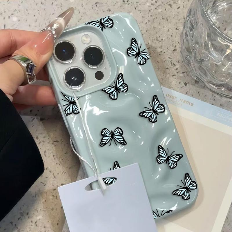 Cute Blue Butterfly Phone Case for iPhone 17 16 Plus 15 14 Pro 13 12 11 Pro Max Air 16E Wave Texture Soft TPU Protective Cover
