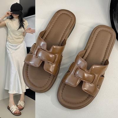 2025 Summer New Square Head Foreign Trade Large Size Flat Heel Slippers Women's European and American Casual Fashion Cool Slippers Women's Shoes