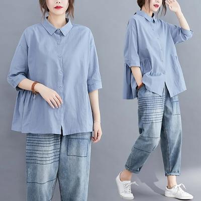Damen Sommer Baumwolle Leinen Casual Shirts Einfachen Stil Einfarbig Lose Bequeme Weibliche Tops
