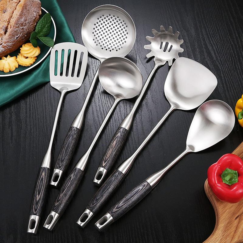 6/7Pcs Kitchen Utensil Set 304 Stainless Steel Cooking Tools with Wooden Handle, Turner Soup Spoon Strainer Pasta Server