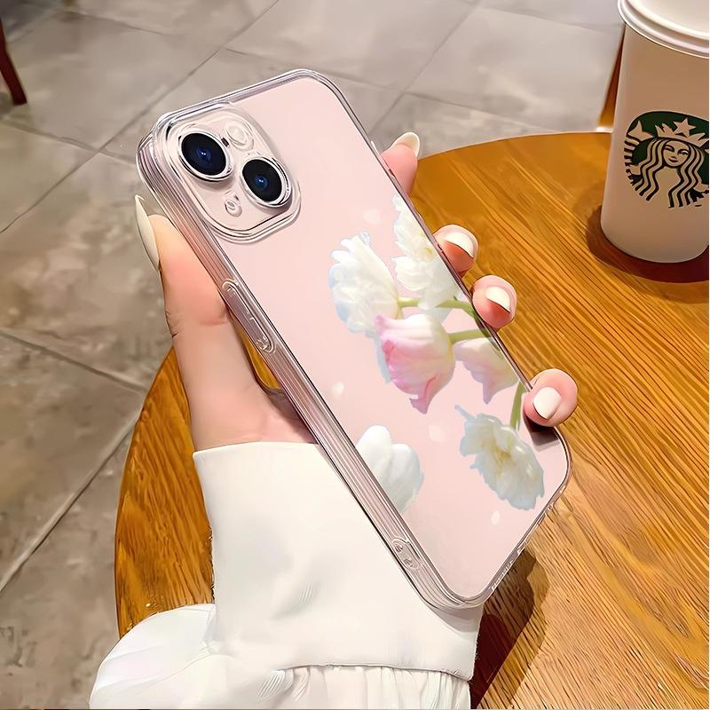 Simple pink and white tulip Apple 17pm mobile phone case anti-drop protective case iPhone15pm transparent soft case light and thin