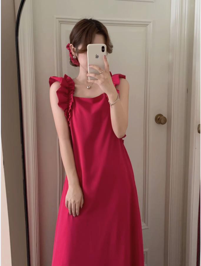 Elegant French Ruffle Spaghetti Strap Long Dress for Women XL