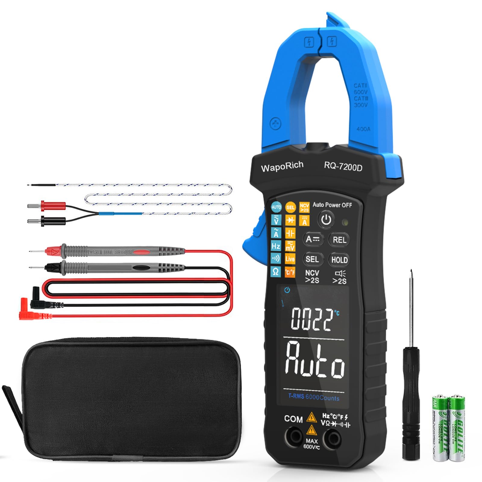 

WapoRich Clamp Meter Digital TRMS 6000 Count Auto Range NCV Non-Contact Voltage Detection AC/DC Voltage/Current Resistance Capacitance Temperature Fre