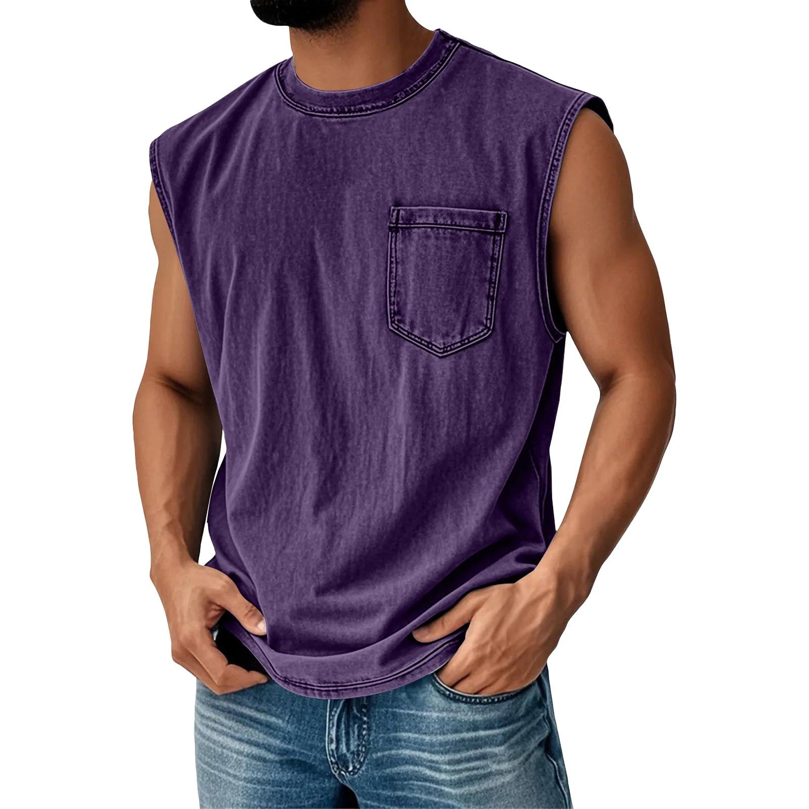 

Men s Washed Sleeveless Tank Top Casual Crew Neck Loose Fit Summer Gym Vest Tops Vintage Solid Color Sleeveless T-Shirts for Men L фіолетовий