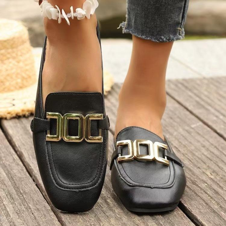 2025 Europäische Station Einzelne Schuhe Damen Neu Vielseitig Schnalle Metall Sommer Flache Sohle Leichter Mund Metallschnalle Farbe Slipper