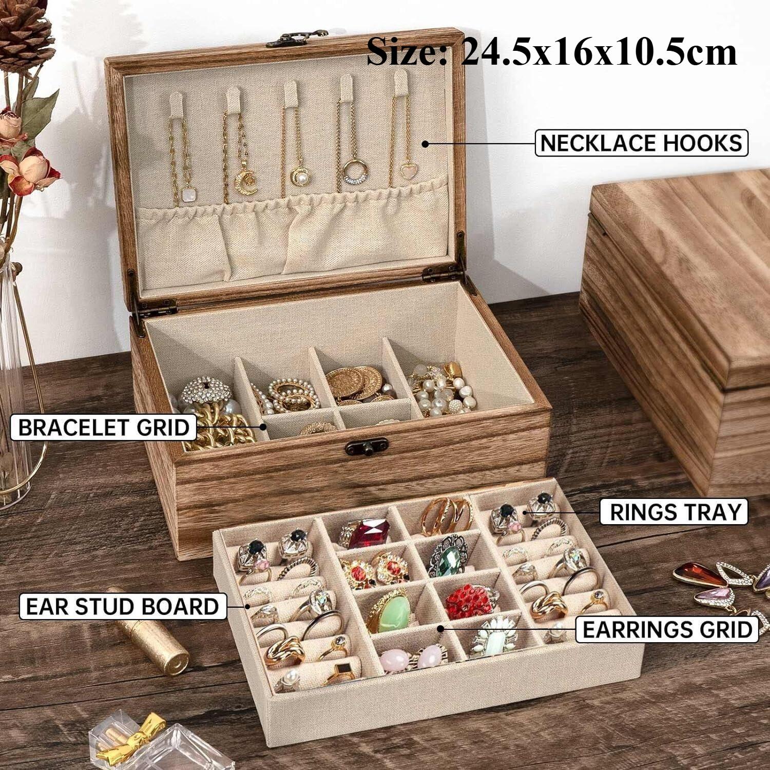 

Vintage Jewelry Box Solid Wood Containers Two Layers Necklace Earrings Display Boxes with Mirror Jewelry Accessories