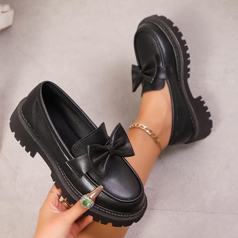 

Preppy Bowknot Platform Loafers for Women Fashion Thick Pu Leather Woman Plus Size Round Toe Lolita for Adult Women 35