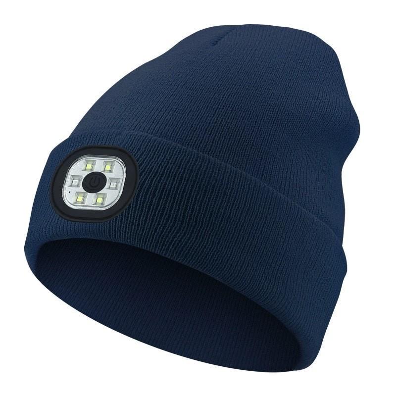 Black Led Knitted Beanie For Outdoor Night Running With Rechargeable Light Feature
