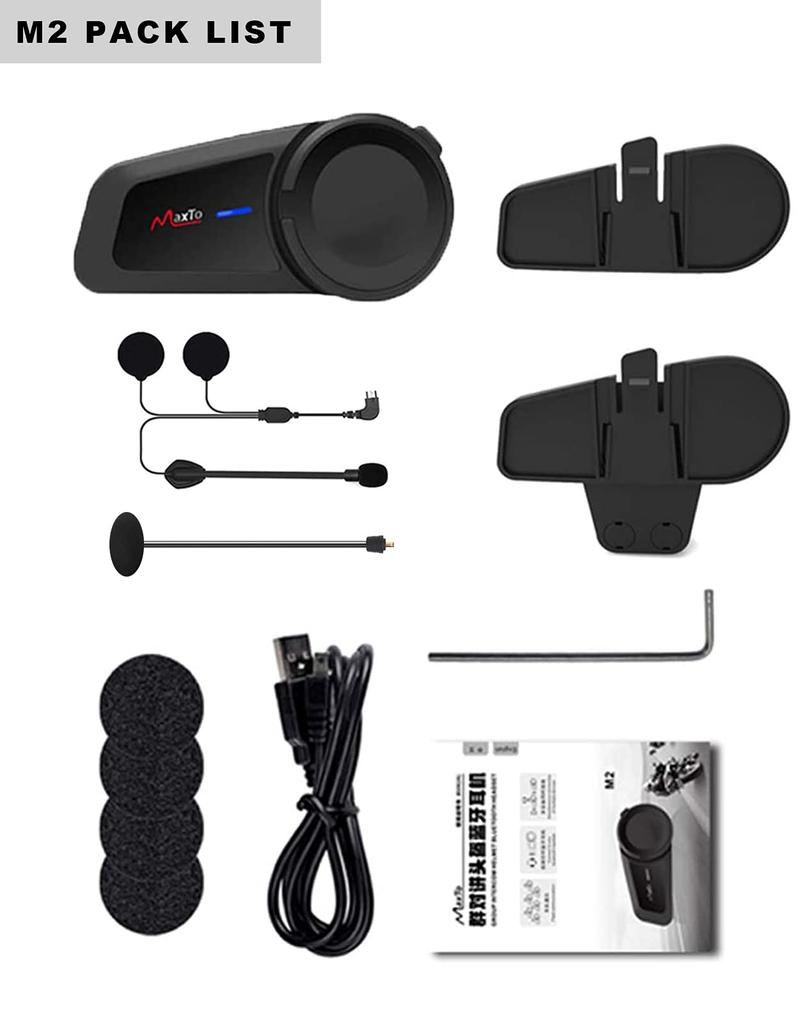 Maxto M2 Motorcycle Intercom Helmet Bluetooth Pairs with All Continuous Simultaneous Radio Headphones, Brands, Auto-Answer, 12-Hour Operation,