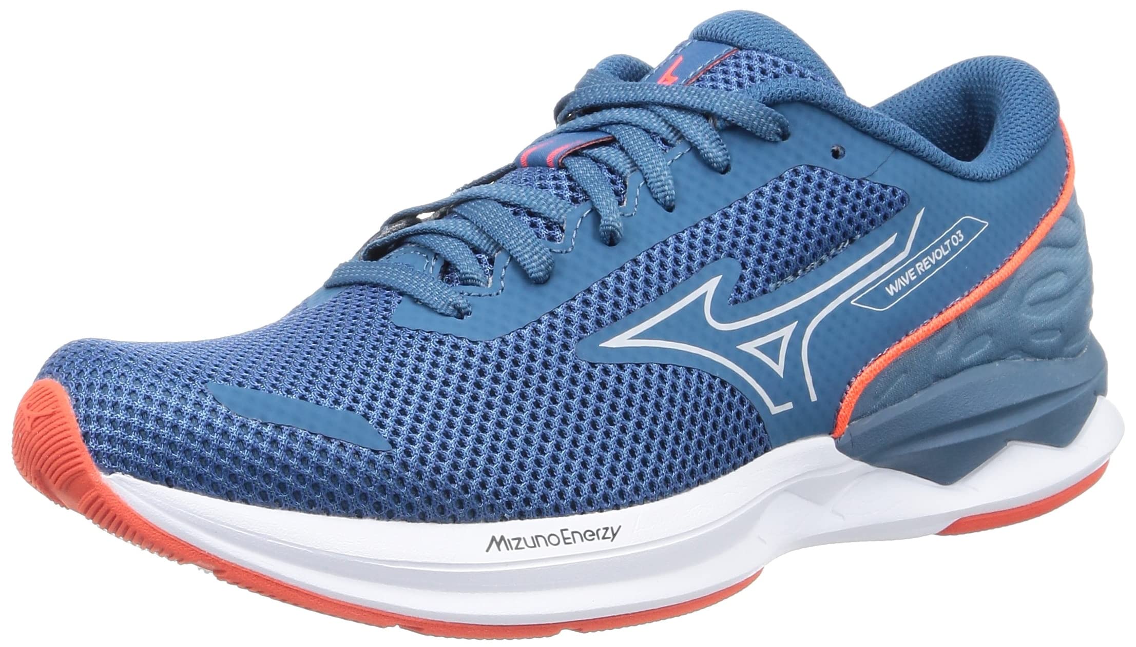 

Mizuno Кроссовки для бега Wave Revolt 3, широкие 2E, для бега трусцой, марафона, тренировок, спорта, легкие, упругие, подошва, сине-серо-оранжевые, 28,5 см,