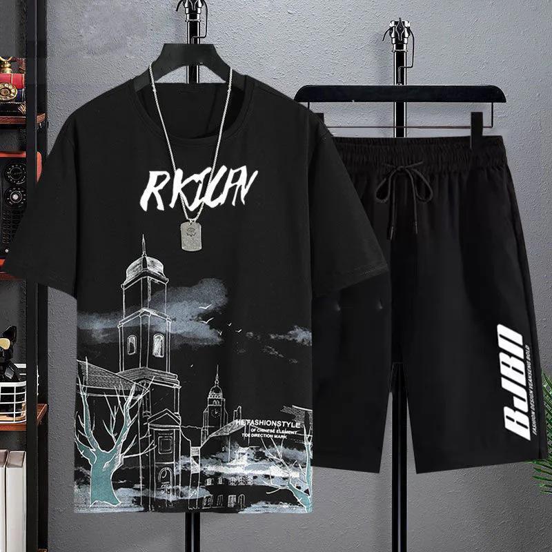 Nové Pánské Tričko s Krátkým Rukávem a Šortky z Ledového Hedvábí s Gradientem 2dílná Sada Ležérní Sportovní Letní Móda Pro Muže