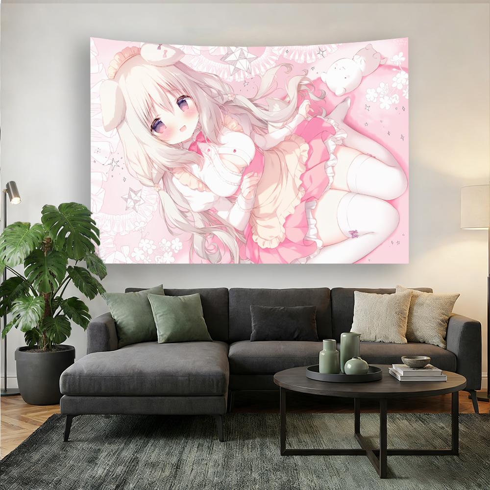 Cute Pink Galgame Tapestry  2D Anime Wall Hanging for Bedroom Dorm Home Decor