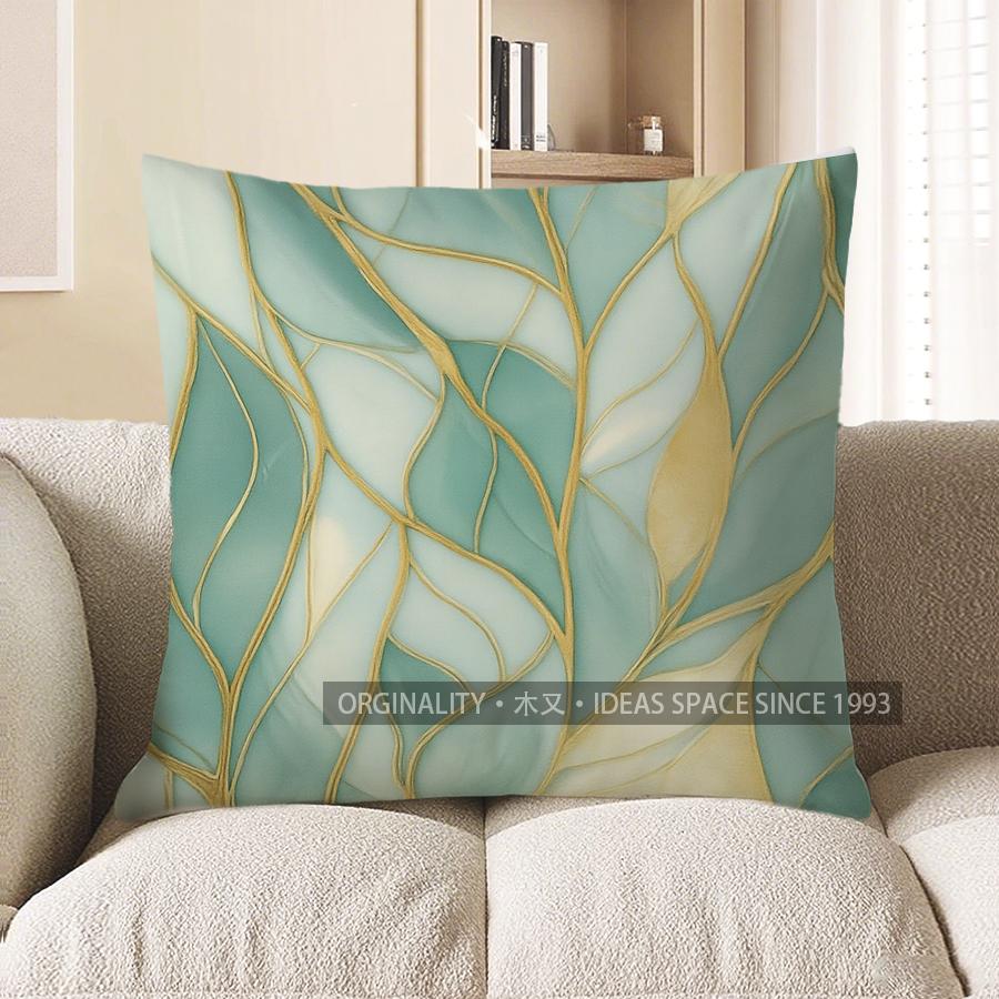 Home Decor Teal & Gold Leaf Pattern Throw Pillow Cover Pattern Cushion Cover Suitable For Sofa Bedroom Car Pillow Cover