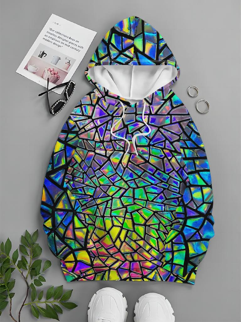 Women Iridescent Rainbow Broken Stained Glass Mosaic Full Print Hoodie Long Sleeve Colorful Street Casual Pullover Sweatshirt