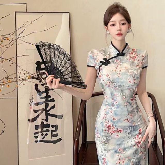 Retro Chinese Print Qipao Dress - Summer Slimming Bodycon with Split Skirt
