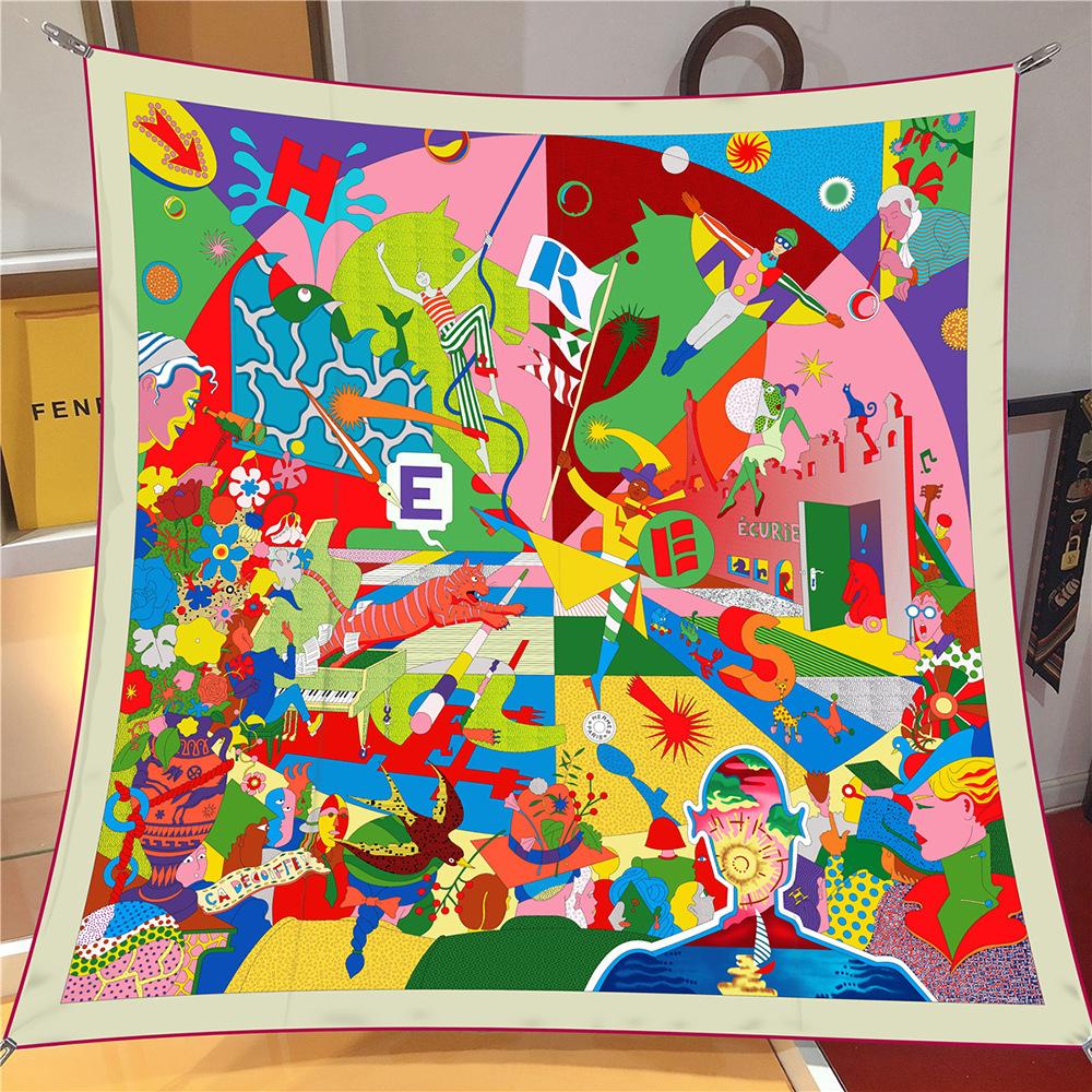 

Twill Silk Scarf Shawl Brand Cartoon Circus Performance Square Scarf Women Hijabs Bandana Foulard Neckerchief Head Scarves 90X90CM