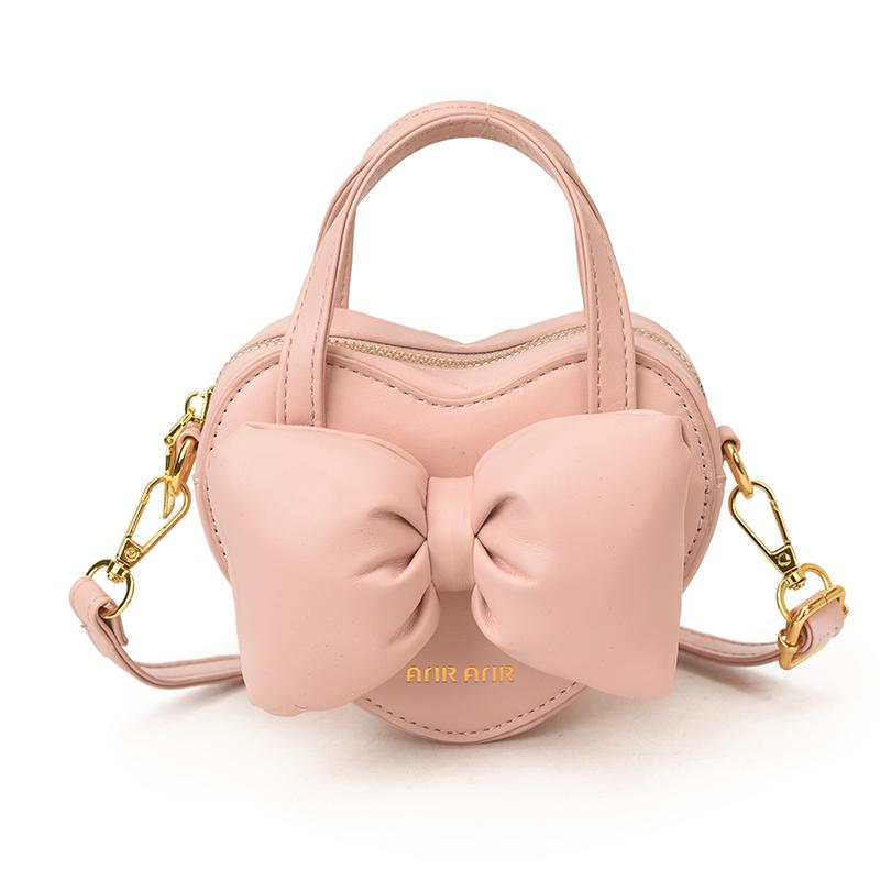 Fashion Solid PU Sweet Bowknot Handbag Cute Heart Shape Bow Mini Crossbody Bag Hot Sale Personality Shoulder Bag for Women Girls