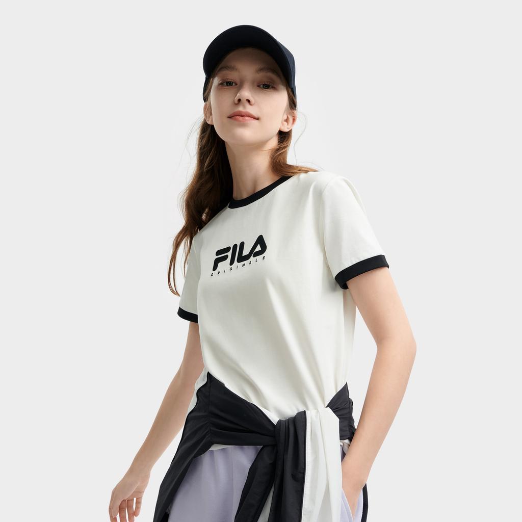 FILA Original Letter Logo Print Round Neck Pullover T-Shirt Women tops Cloud-White F11W429113FWT