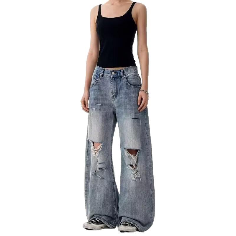 American high street ripped design feeling washed jeans men's summer trend loose casual wide-leg straight trousers
