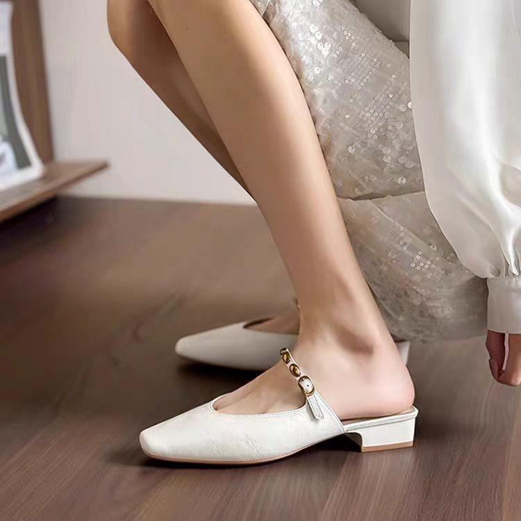 Satin Version Summer Heel-Free Square Head Muller Shoes Bag Head Cool Slippers Women'S Summer Wear Thick Heel Half Drag Single Shoes