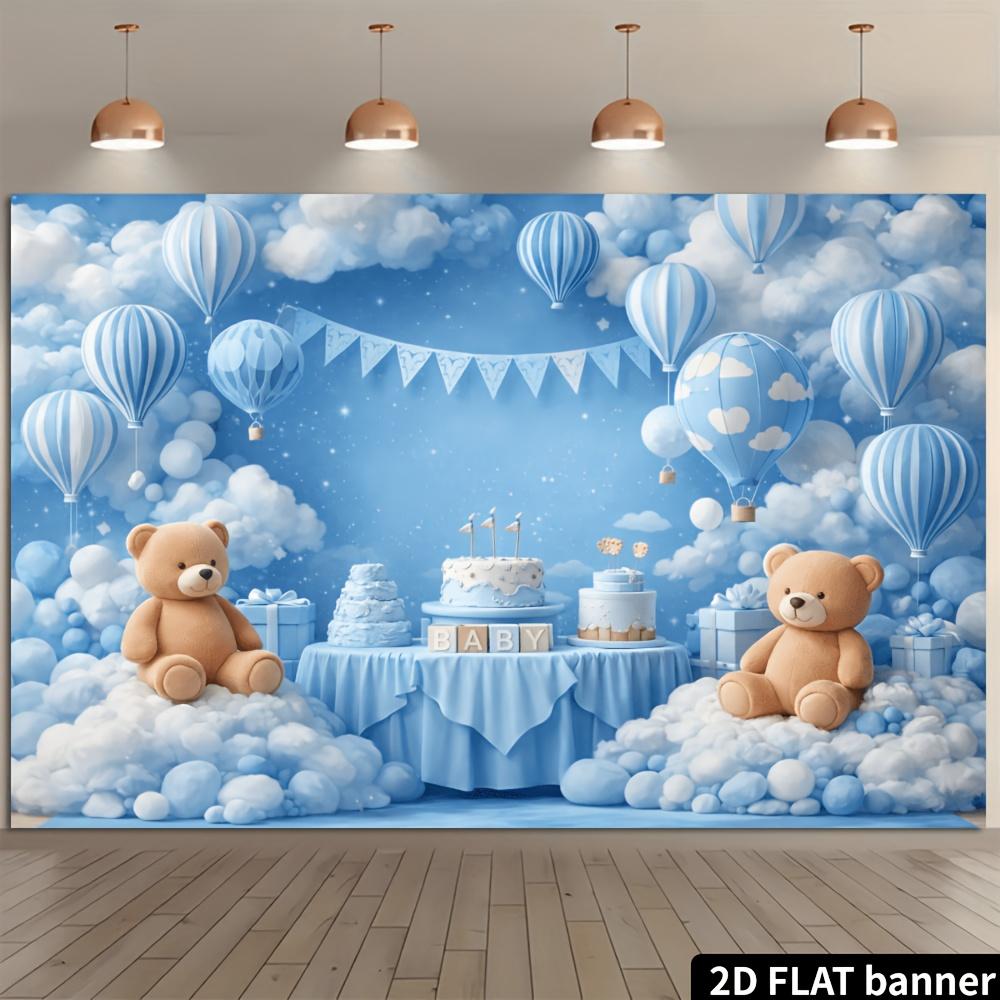 2D Plane Blue and White Hot Air Balloon Teddy Bear with BABY Letters As the Background Fabric. Starry Clouds with Blue Color.