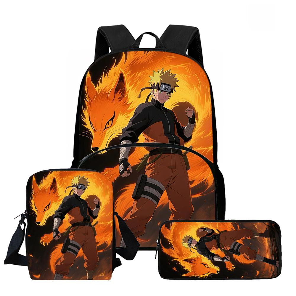 3Pcs Set School Backpack with Front Pocket, Crossbody Bag & Pencil Bag, Cartoon NARUTO, Lightweight for Boys & Girls Ages 6-10
