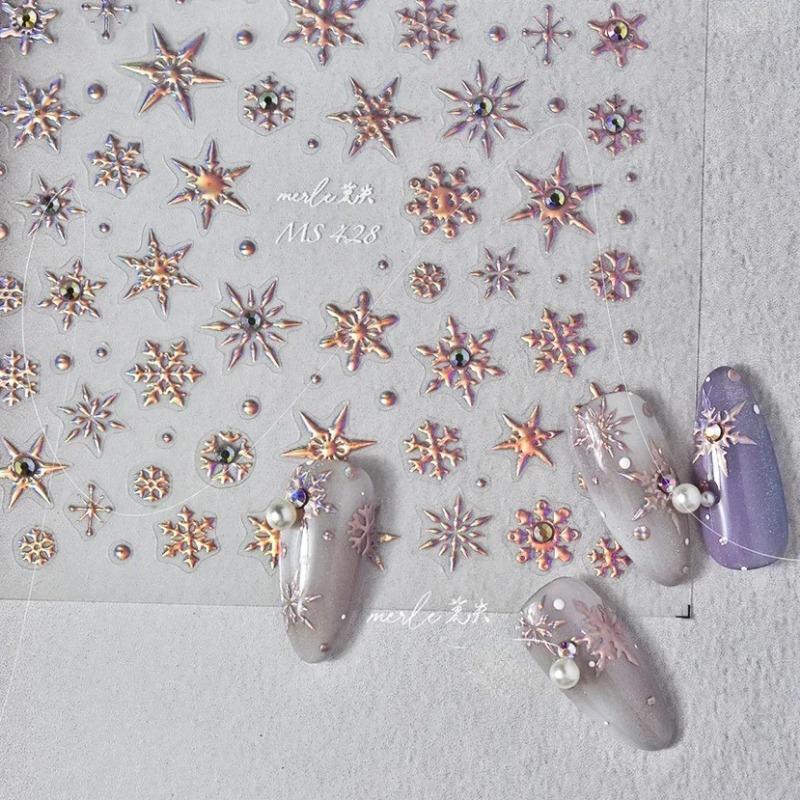 Laser Crăciun Iarnă Fulg de zăpadă Stras strălucitor 5D Relief în relief Auto-adeziv Nail Art Decor Autocolant 3D Decal manichiură