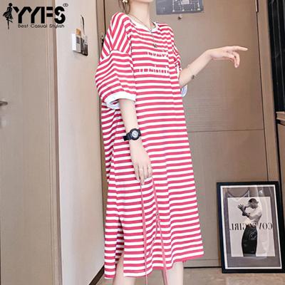 Women's Fashion Summer Spring Stripe Print 1/2 Sleeves O-Neck Loose Waistline Casual Dresses