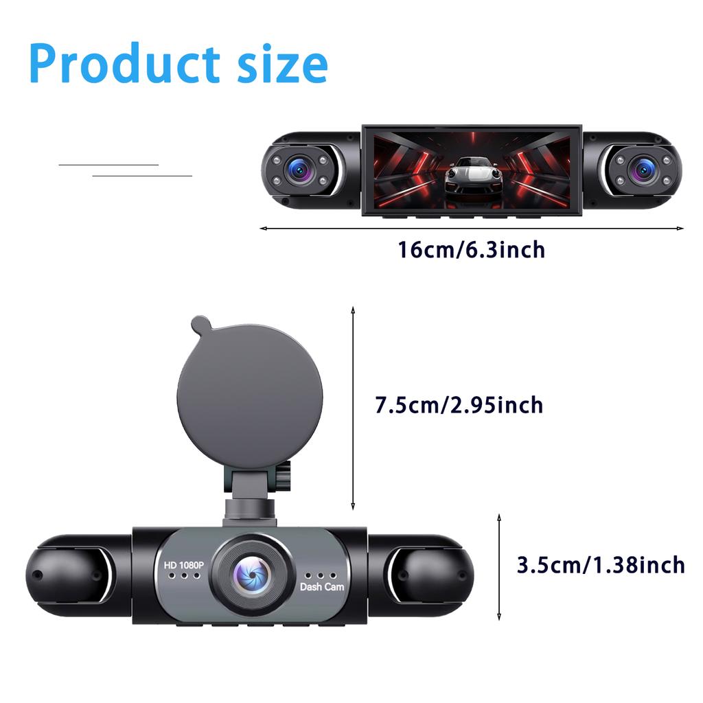 1080P HD dashcam with 360° all-around coverage, featuring four built-in cameras front and rear. Equipped with infrared night vis