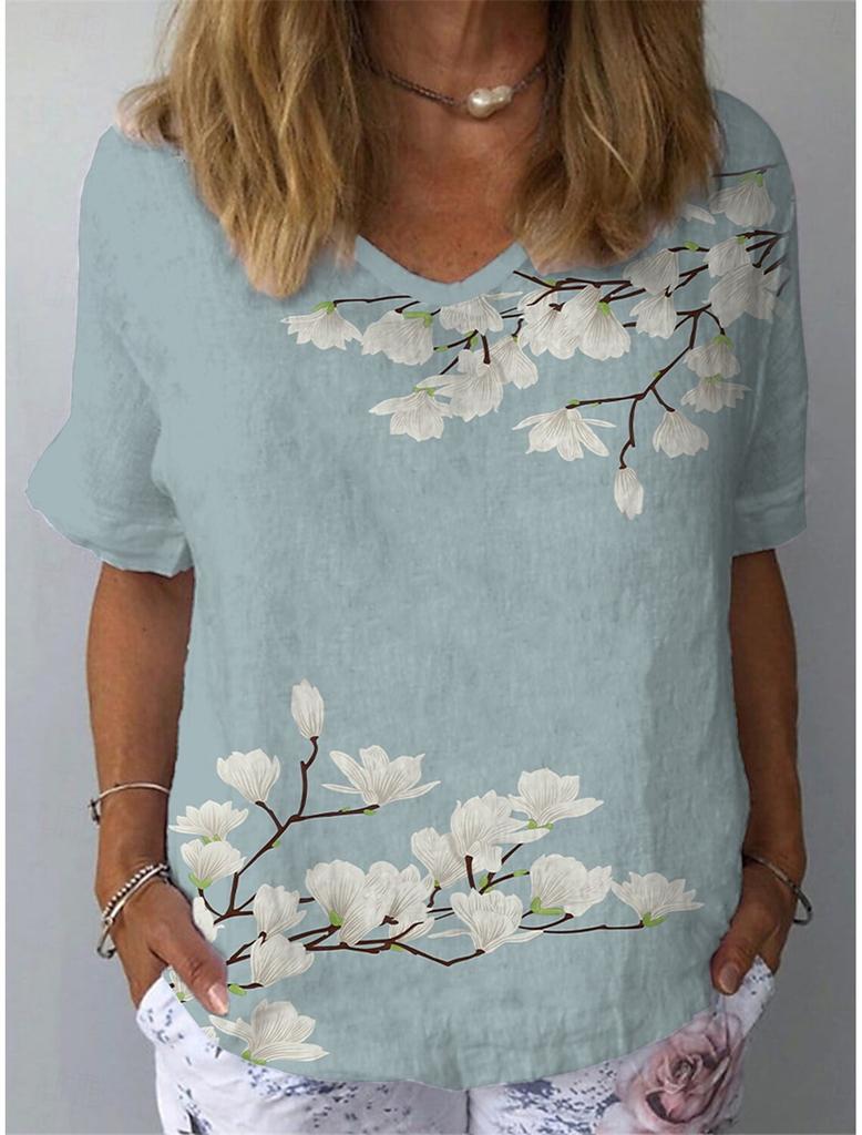 Summer V-neck 3D Floral Pattern Printed Top Fashionable Casual Short Sleeved Women's T-shirts