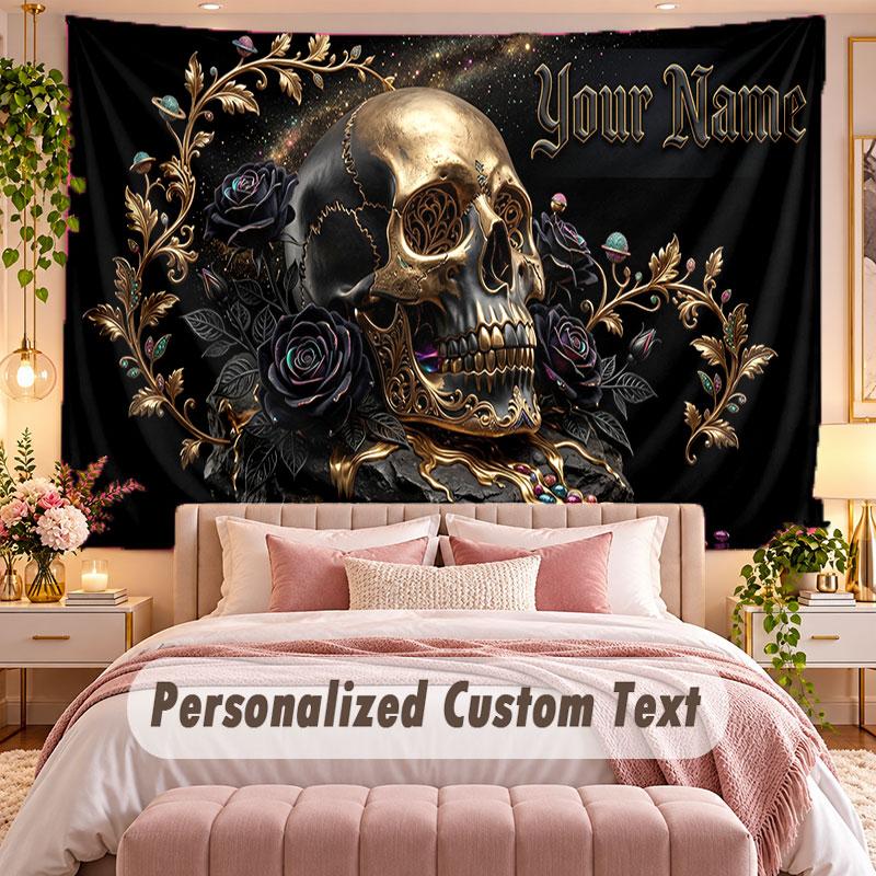 Skull Gothic (158) Theme Wall Tapestry Customized With Name Text Personalized Hanging Tapestry For Bedroom Living Room Decor