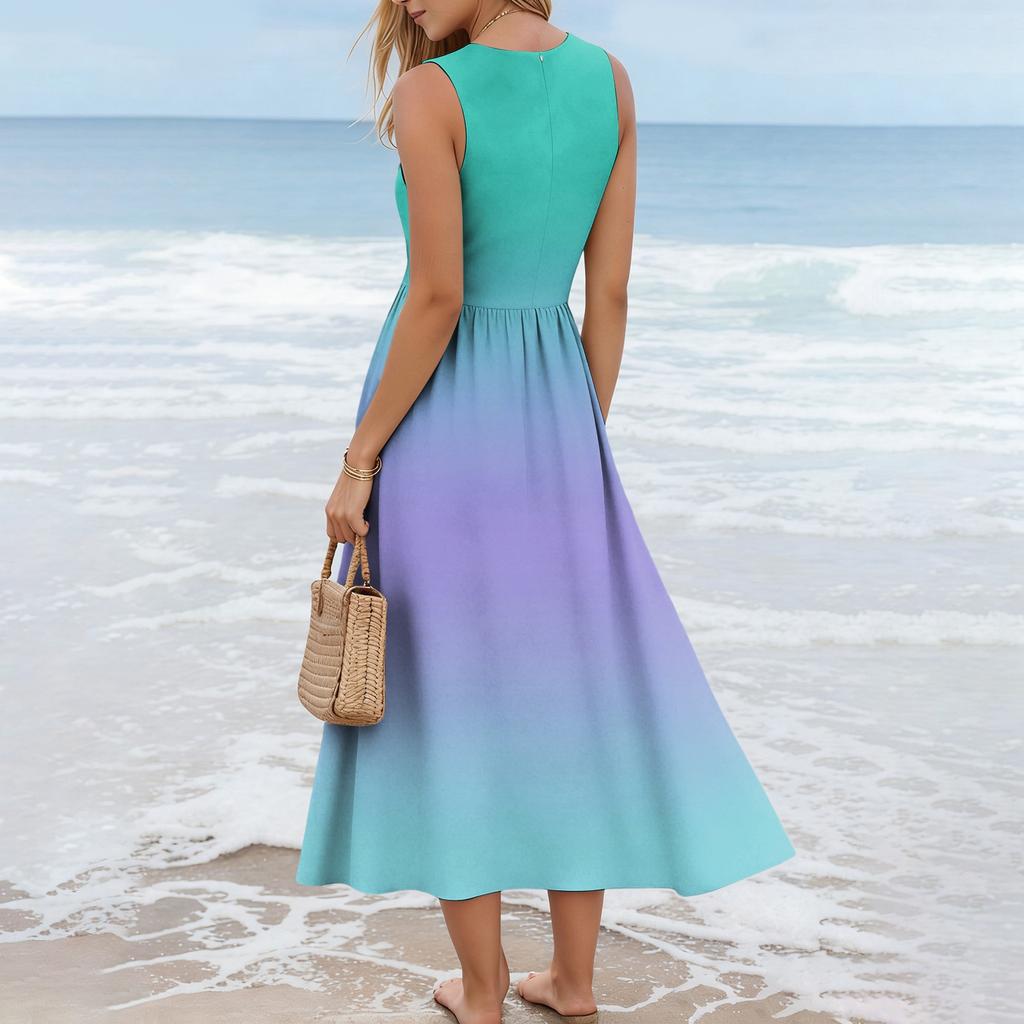 Ladies' gradient printed summer casual and fashionable sleeveless long dress