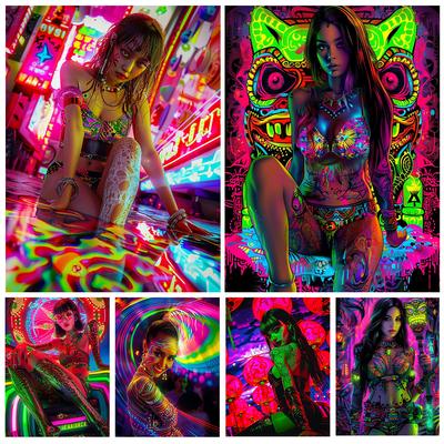 Arte de Pintura de Diamantes 5D Círculo Completo Cuadrado Nuevo 2024 Foto de Mujer Sexy Neón DIY Mosaico Bordado de Diamantes Decoración para el Hogar