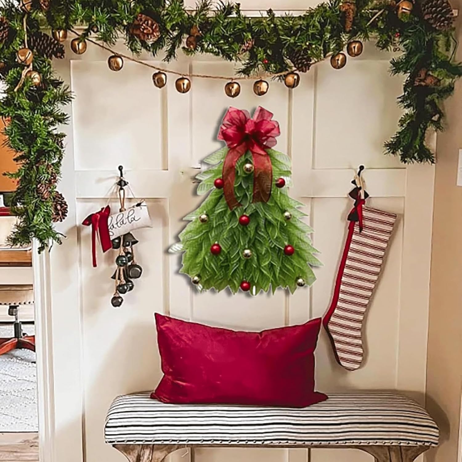 

2PCS Handmade Christmas Tree Wreath for Front Door, Farmhouse Christmas Wreath, Large Xmas Tree Garland with Ball Ornsments, Christmas Wreath Hangers