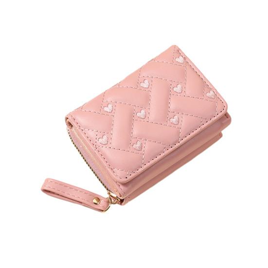 Women Stylish Tri-Fold Wallet Embroidered Heart Cash Wallet Mini Card Holder Wallet with Zippered Coin Pocket for Dating Shopping