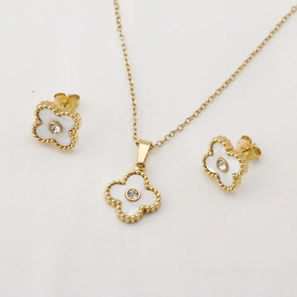 Titanium Steel Four-leaf Clover Shell Necklace and Earrings for Women's Fashion Jewelry