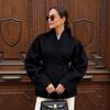 Womens Winter Wool Blend Coat Short Style Stand Collar Puffed Sleeve Loose Fit Elegant Office Wear