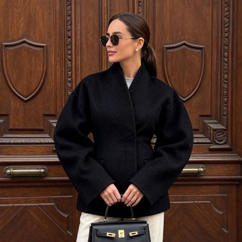 Womens Winter Wool Blend Coat Short Style Stand Collar Puffed Sleeve Loose Fit Elegant Office Wear
