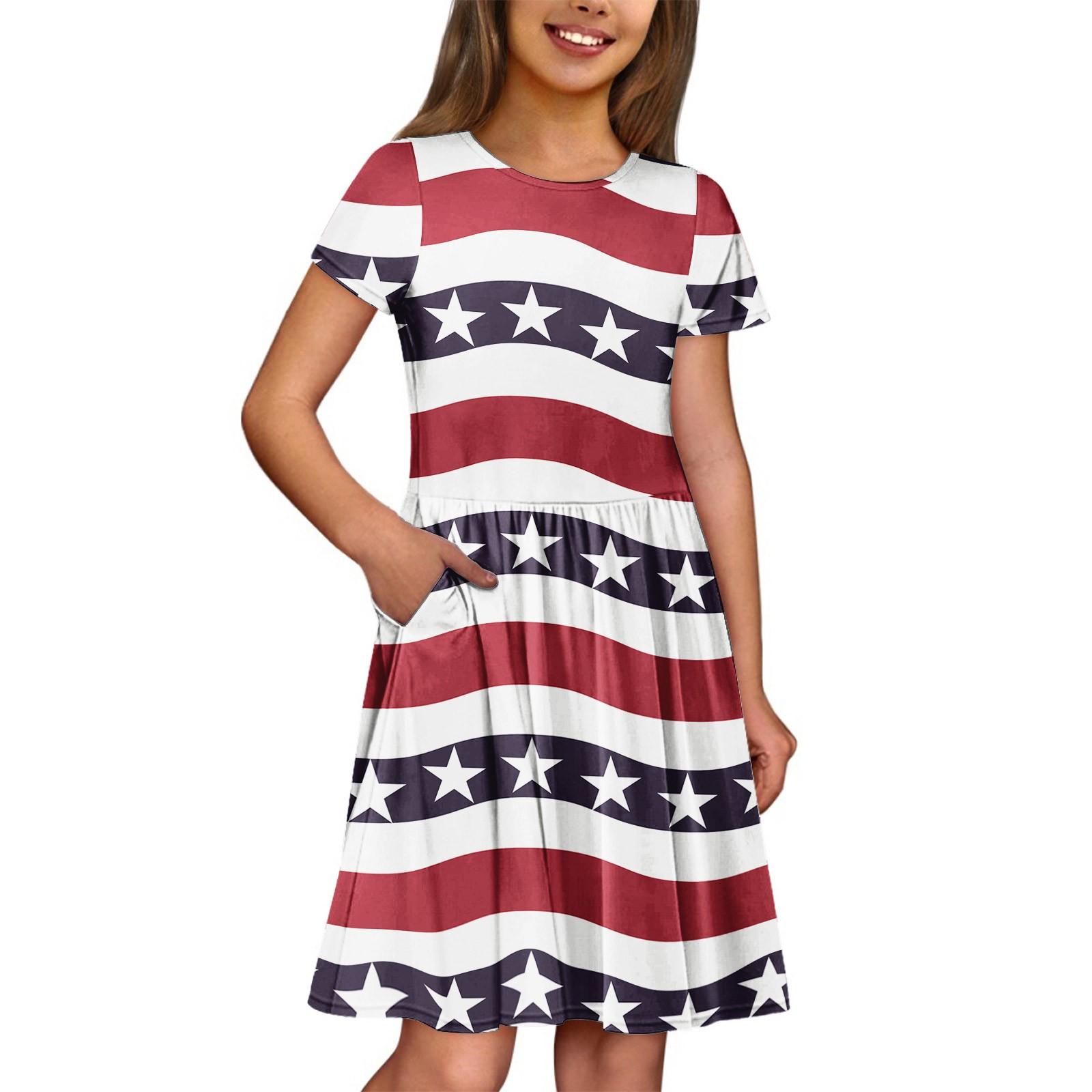 

Летнее платье для девочек, однотонное платье без рукавов с принтом и карманом, повседневное платье, вечернее платье с короткими рукавами 130 красный