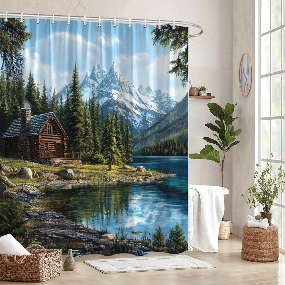 Lakeside Cabin Shower Curtain 180X180Cm – Rustic Wooden House With Snowy Peaks, Cozy Nature Bathroom Decor, 12 Hooks