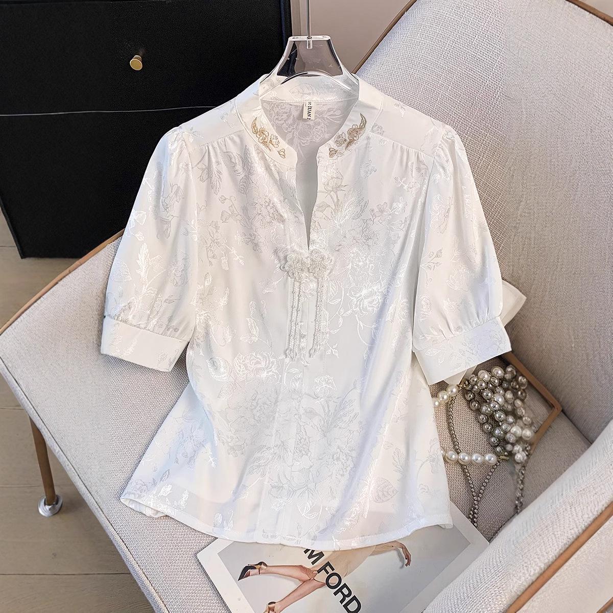 

Women s 2025 Summer Chinese-Style Satin Embroidered Frog Button Shirt XL
