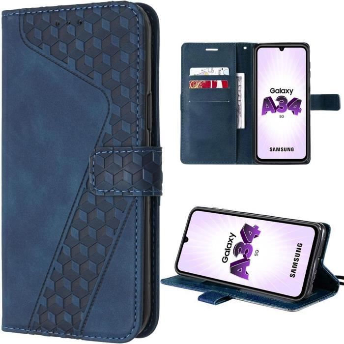 Coque de protection - House - Samsung Galaxy A34 5G - Bleu Marine - Effet Cuir - Poche à Carte